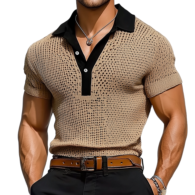 Men's Retro Hollow Knitted Patchwork Short-Sleeved Polo Shirt MTA0720D1TO