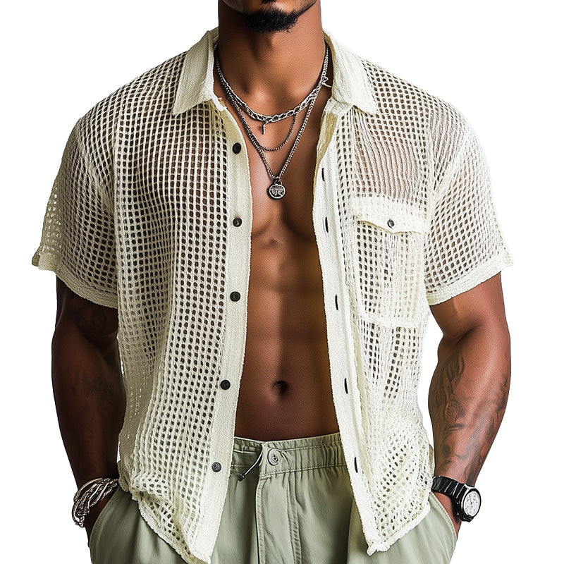 Men's Spring Fashion Woven Hollow Short Sleeve Shirt ASW0889D2P