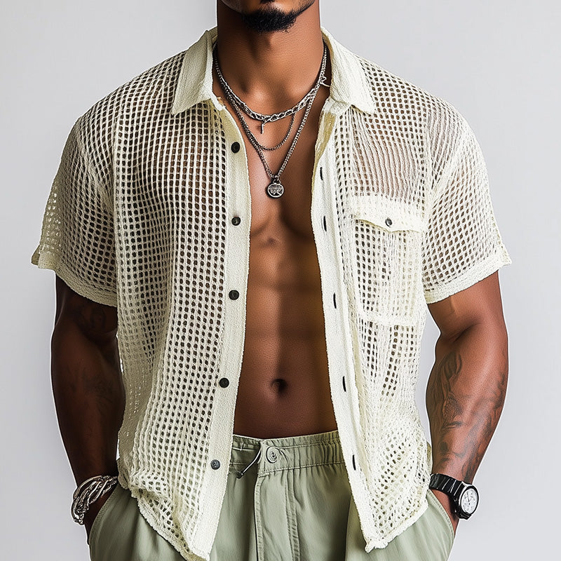 Men's Spring Fashion Woven Hollow Short Sleeve Shirt ASW0889D2P