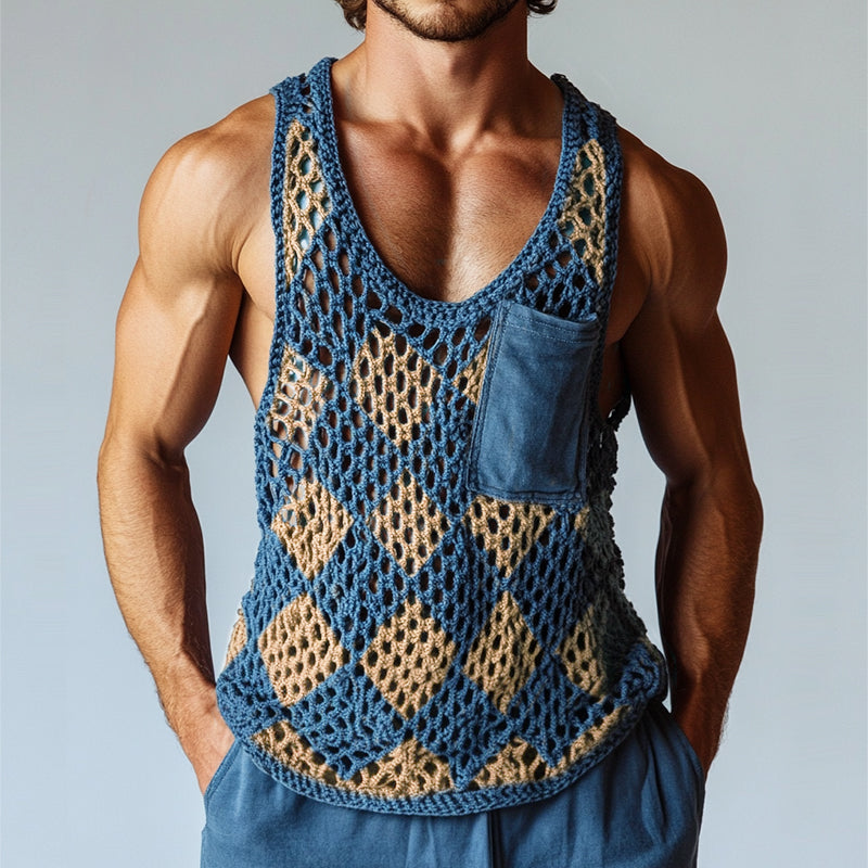 Men's Vintage Diamond Knit Crew Neck Tank Top ASW0848D9TO