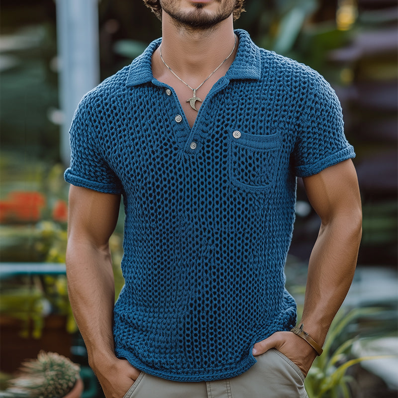 Men's Retro Solid Color Knitted Pocket Short-Sleeved Polo Shirt ASW0982D1TO