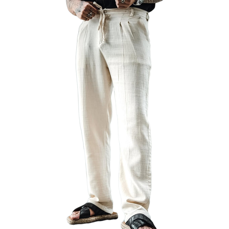 Men's Solid Cotton And Linen Mid Waist Straight Casual Pants 