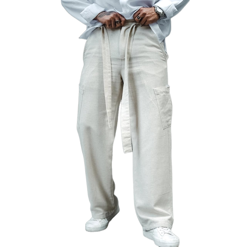 Men's Solid Cotton And Linen Mid Waist Straight Casual Pants 
