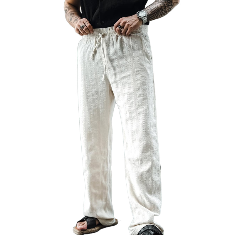 Men's Solid Cotton And Linen Mid Waist Straight Casual Pants 