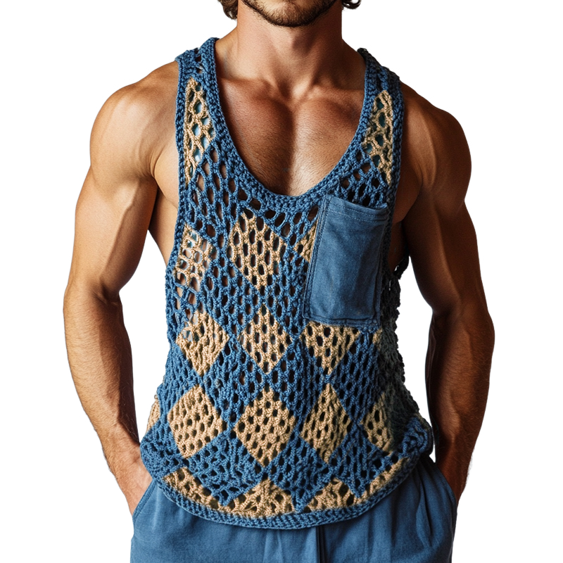 Men's Vintage Diamond Knit Crew Neck Tank Top ASW0848D9TO