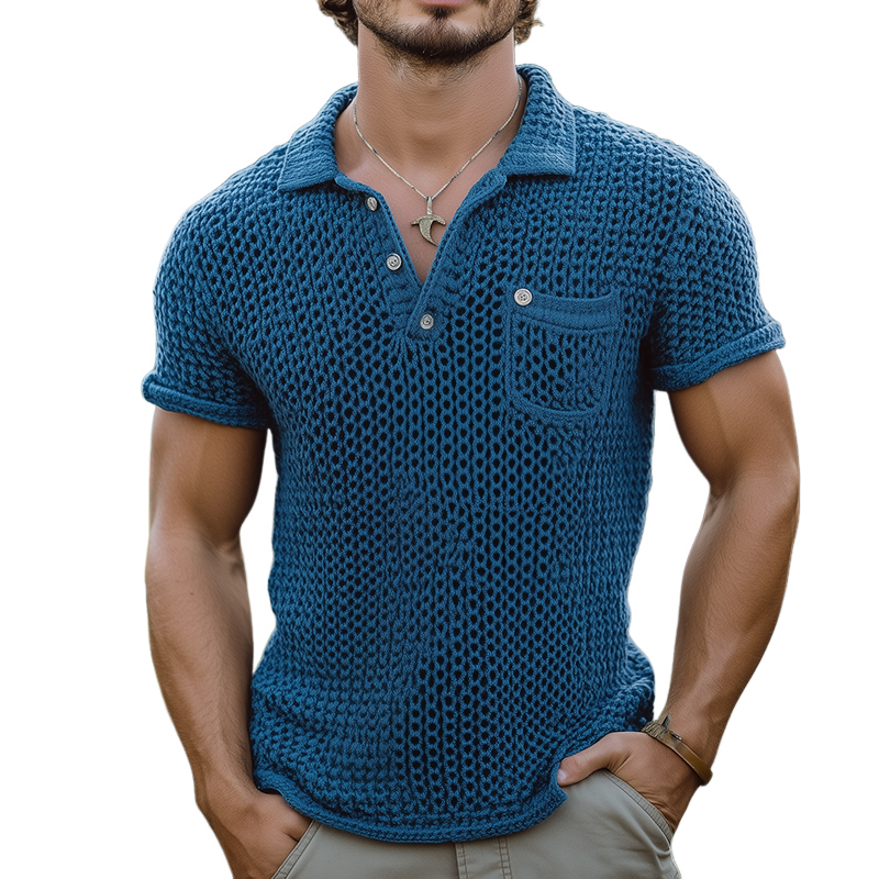 Men's Retro Solid Color Knitted Pocket Short-Sleeved Polo Shirt ASW0982D1TO