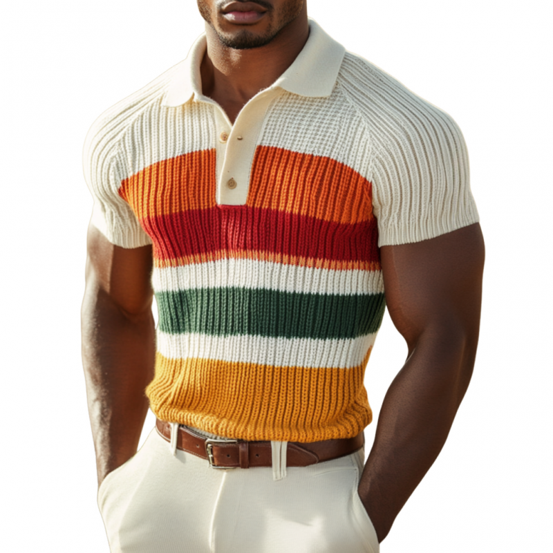 Men's Casual Lapel Color Striped Soft Knitted Short Sleeve Polo Shirt ASW0827D4M