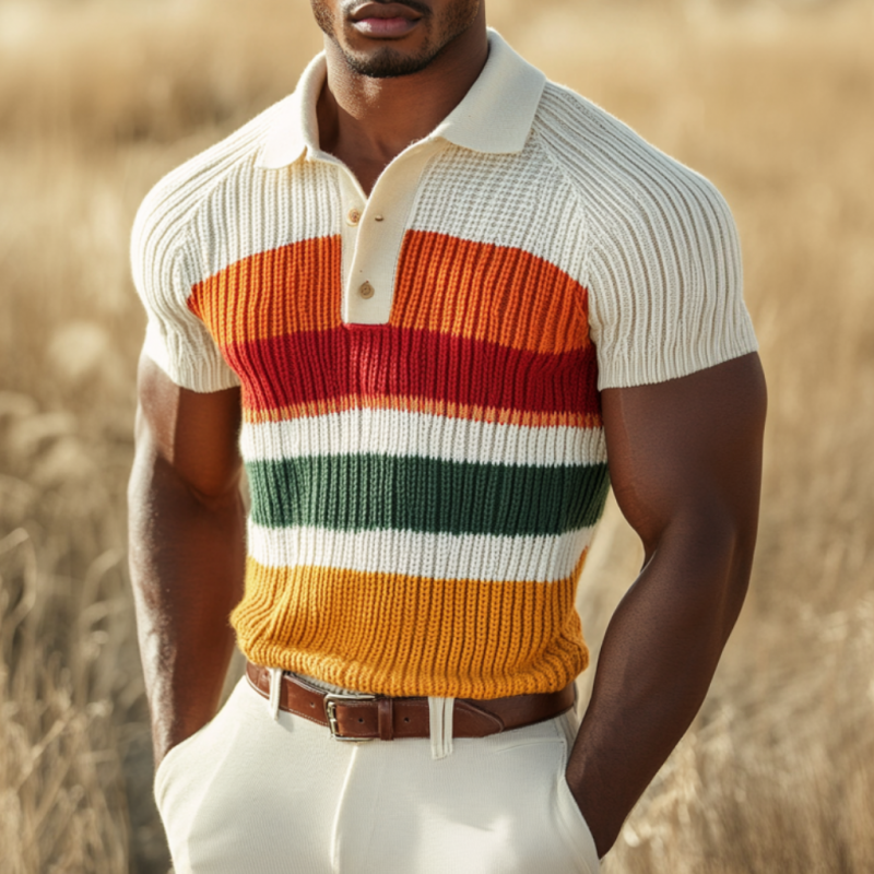 Men's Casual Lapel Color Striped Soft Knitted Short Sleeve Polo Shirt ASW0827D4M