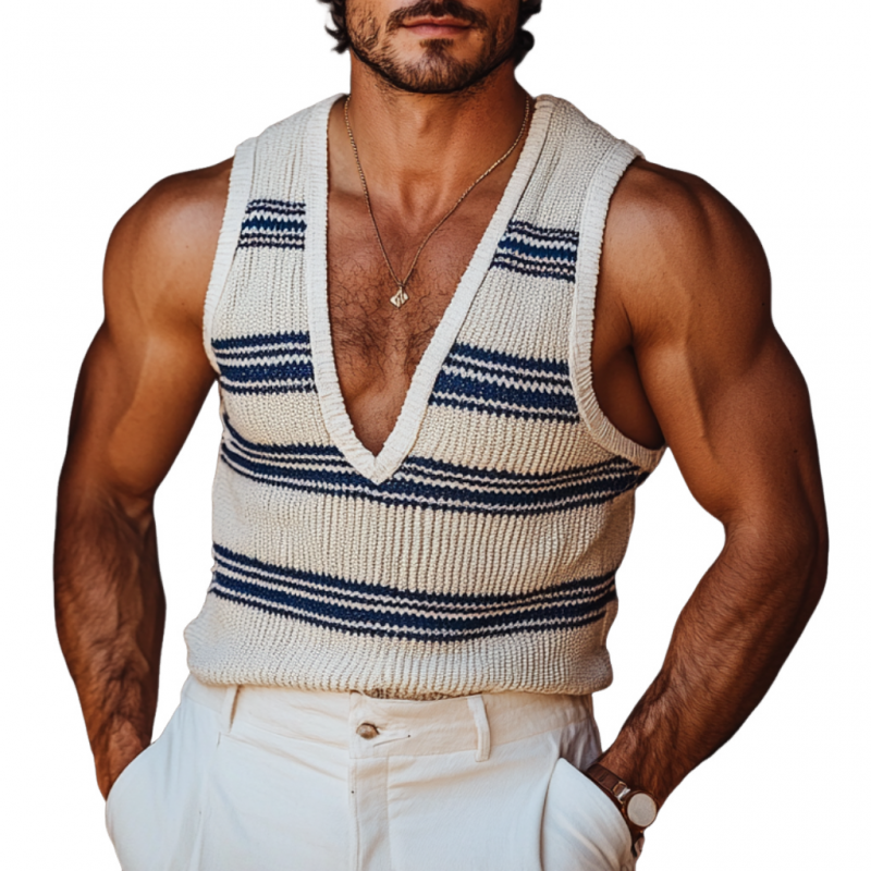 Men's Casual Deep V Neck Striped Knitted Vacation Tank Top ASW0843D7M