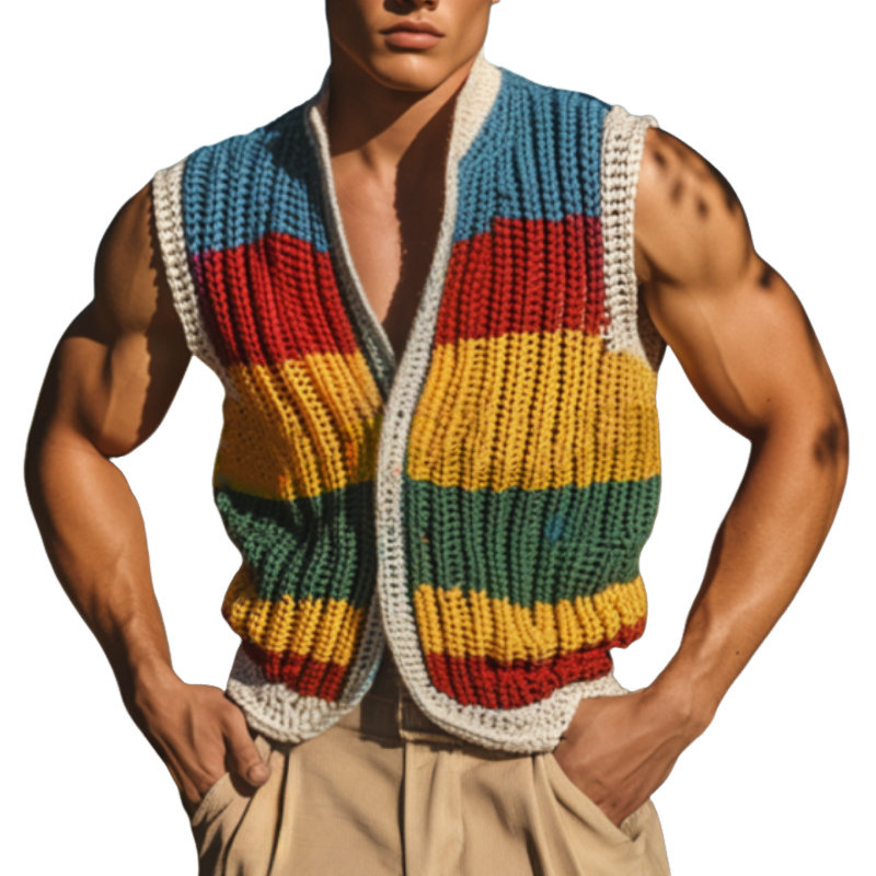 Men's Casual V-neck Colorful Striped Single-breasted Knitted Vacation Vest ASW0817D0M