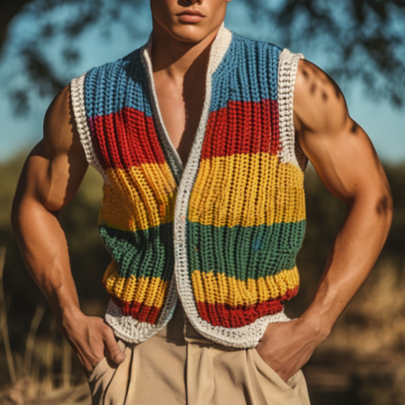 Men's Casual V-neck Colorful Striped Single-breasted Knitted Vacation Vest ASW0817D0M