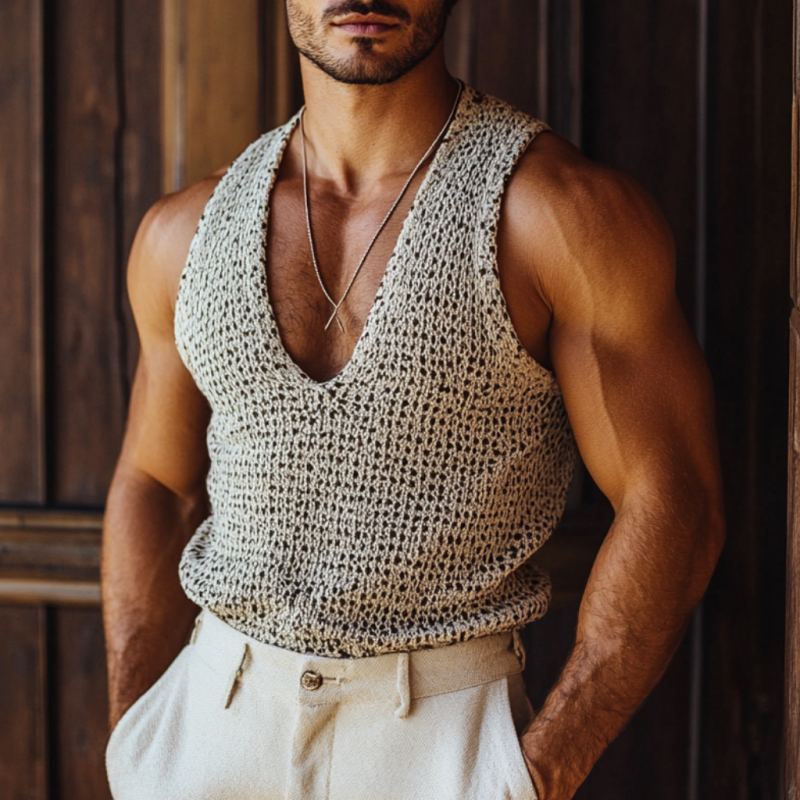 Men's Casual Deep V-neck Loose Knitted Tank Top ASW0829D0M