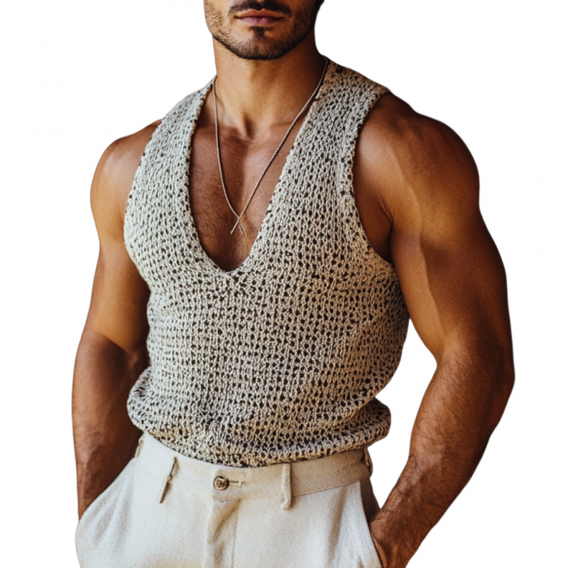 Men's Casual Deep V-neck Loose Knitted Tank Top ASW0829D0M