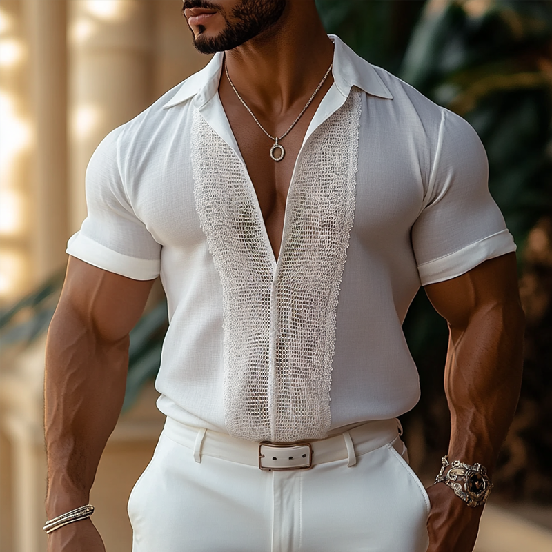 Men's Lace Stitching Lapel Short Sleeve Shirt 