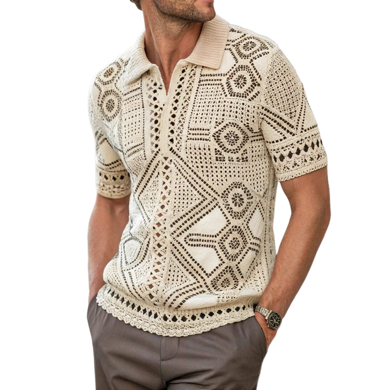 Men's Summer Fashion Casual Vacation Lapel Hollow Knitted Short-sleeved T-shirt ASW1064D8K
