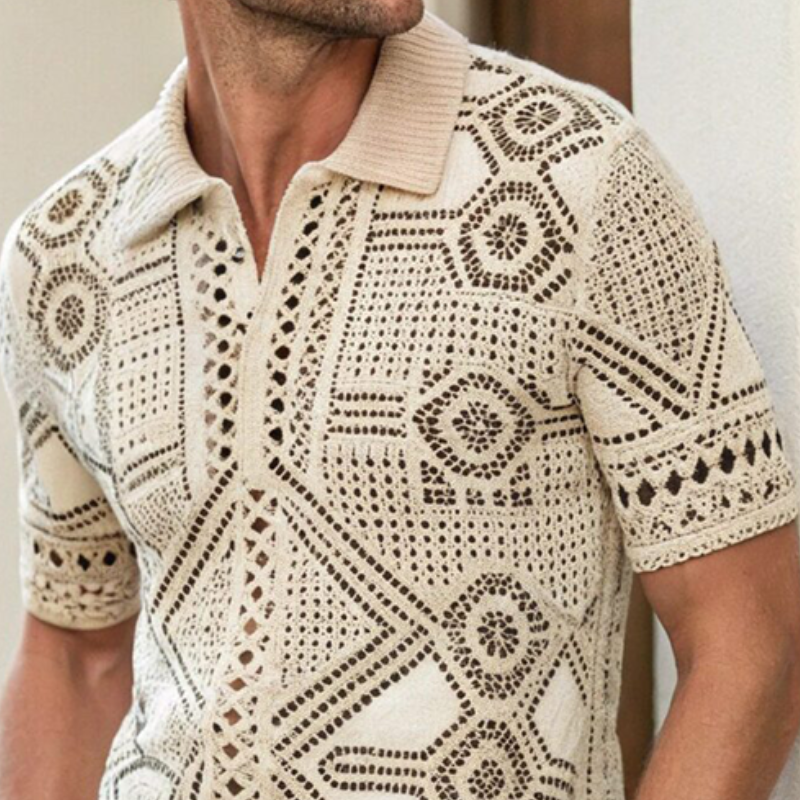 Men's Summer Fashion Casual Vacation Lapel Hollow Knitted Short-sleeved T-shirt ASW1064D8K