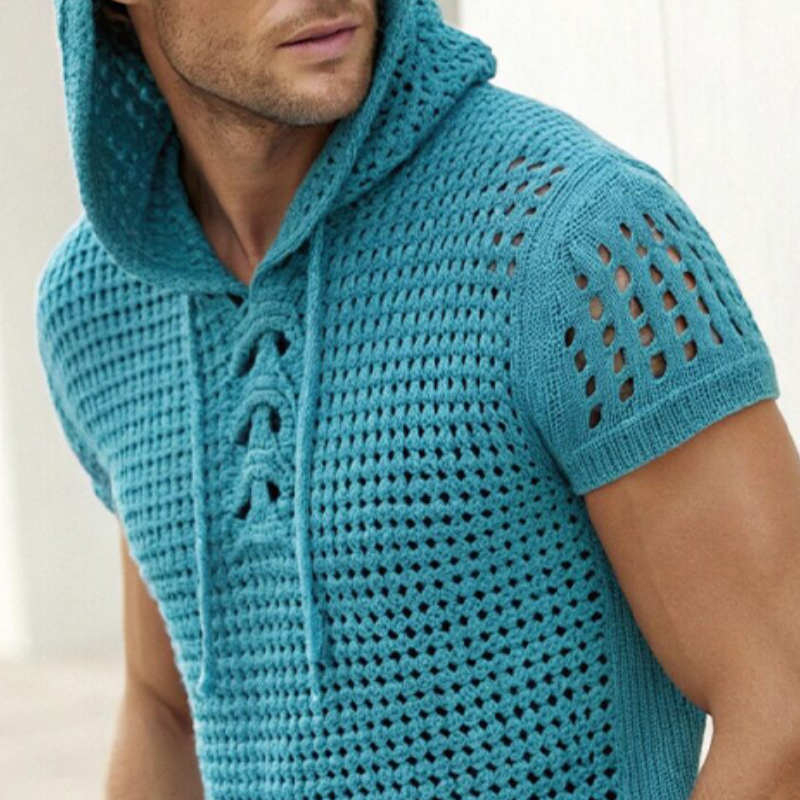 Men's Summer Fashion Casual Hooded Hollow Knitted Short Sleeve T-shirt ASW1013D0K