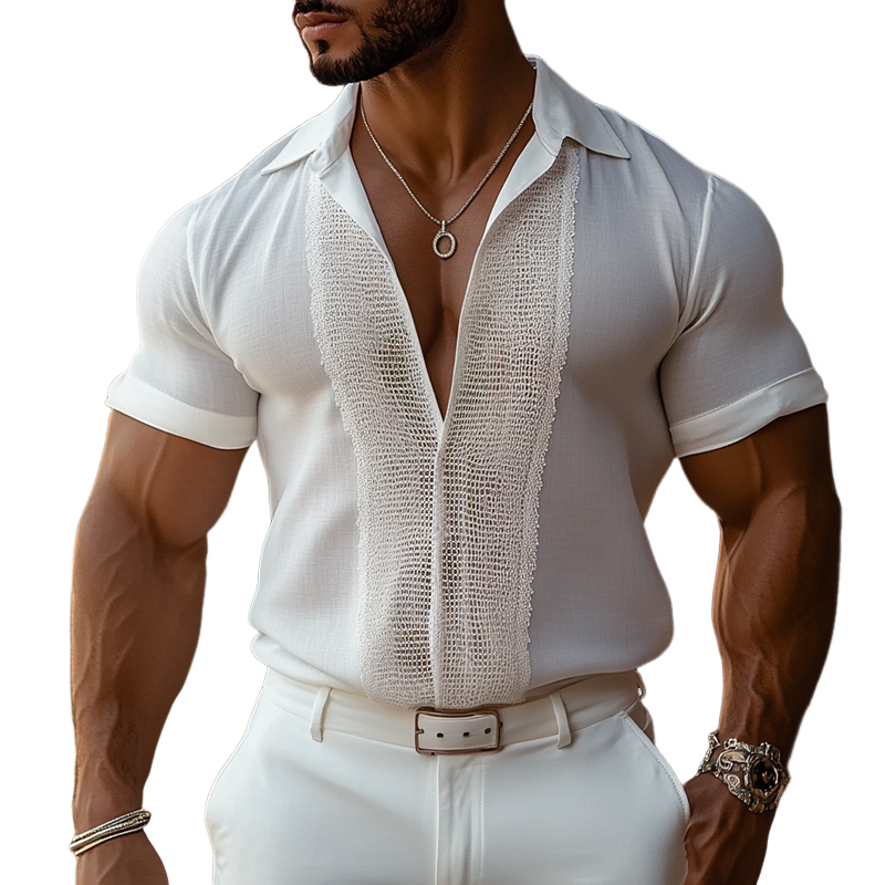 Men's Lace Stitching Lapel Short Sleeve Shirt 