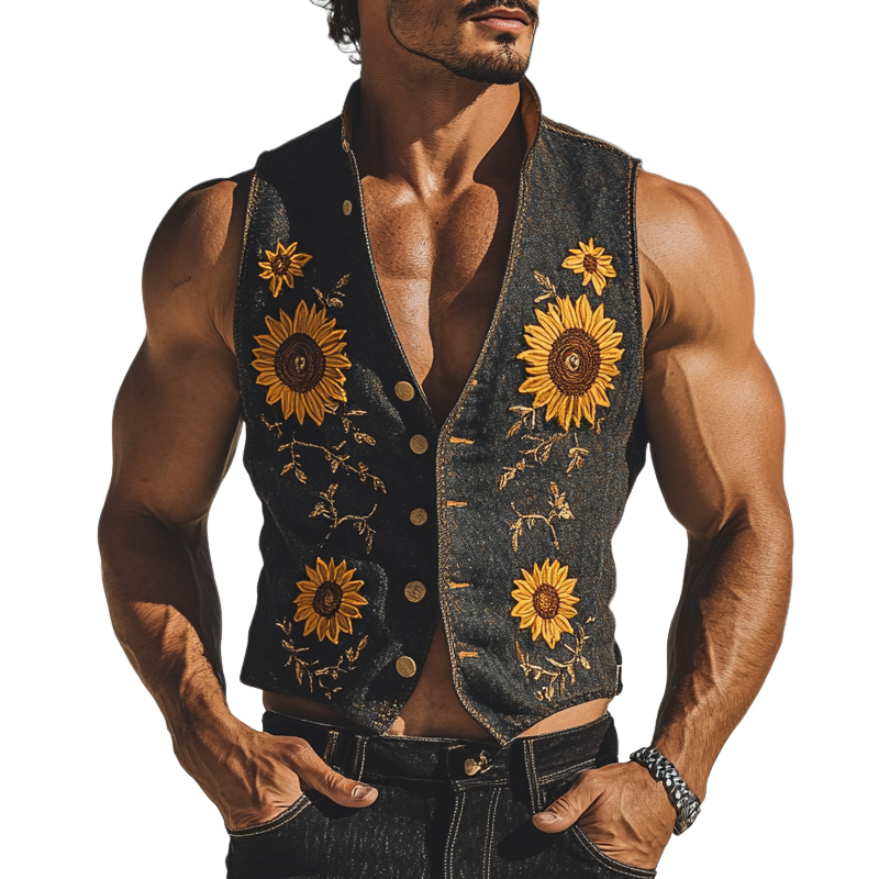 Men's Casual Denim Sunflower Floral Embroidered Vest 