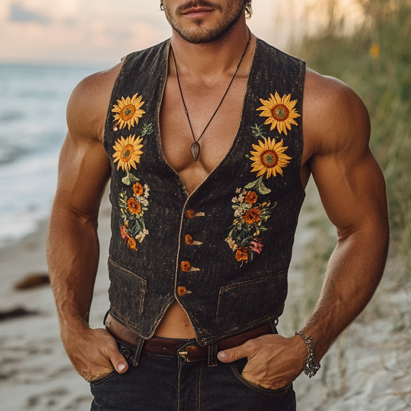 Men's Summer Sunflower Embroidered V-Neck Denim Vest