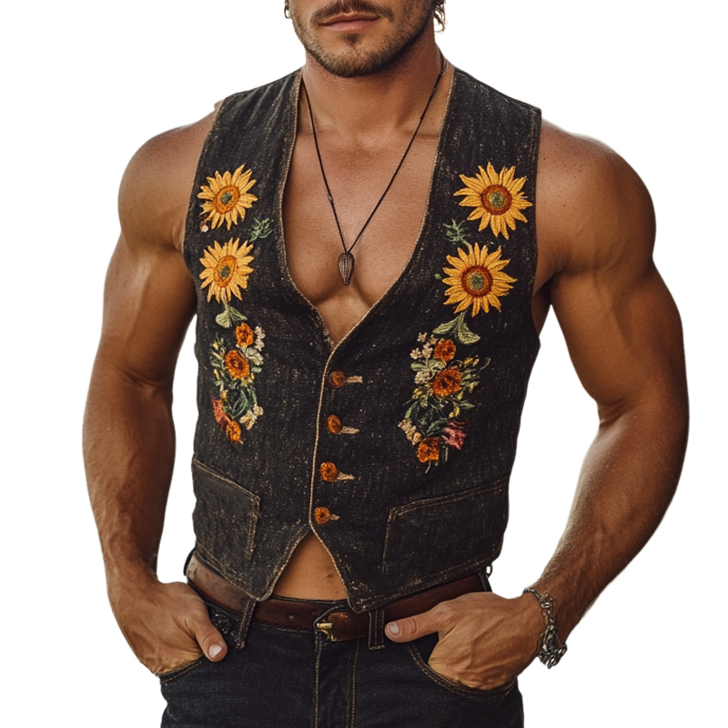 Men's Summer Sunflower Embroidered V-Neck Denim Vest