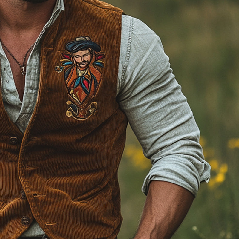 Men's Corduroy Embroidered V-Neck Vest 