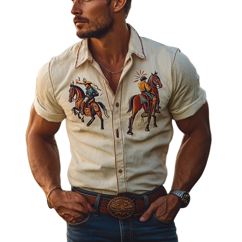 Men's Western Denim Casual Vintage Short-Sleeve Shirt 