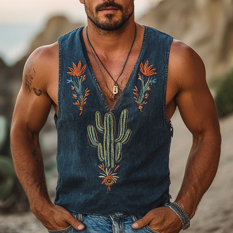 Men's Vintage Washed Cactus Embroidered V-Neck Tank Top 