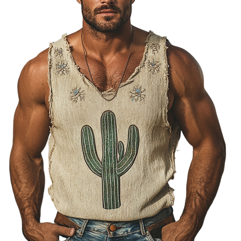 Men's Vintage Cactus Embroidered Tank Top 