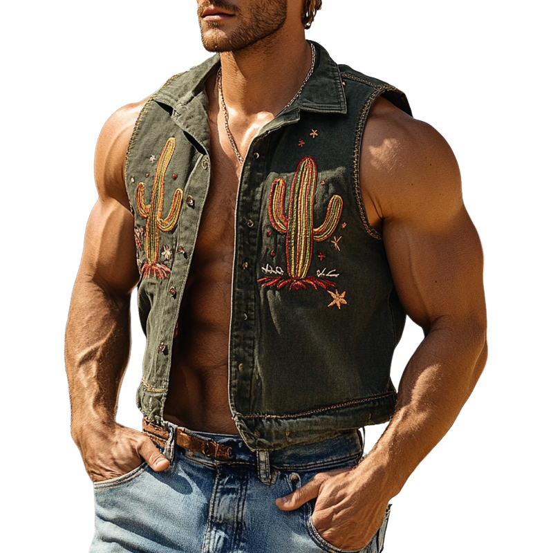 Men's Denim Cactus Fun Embroidered Lapel Vest 