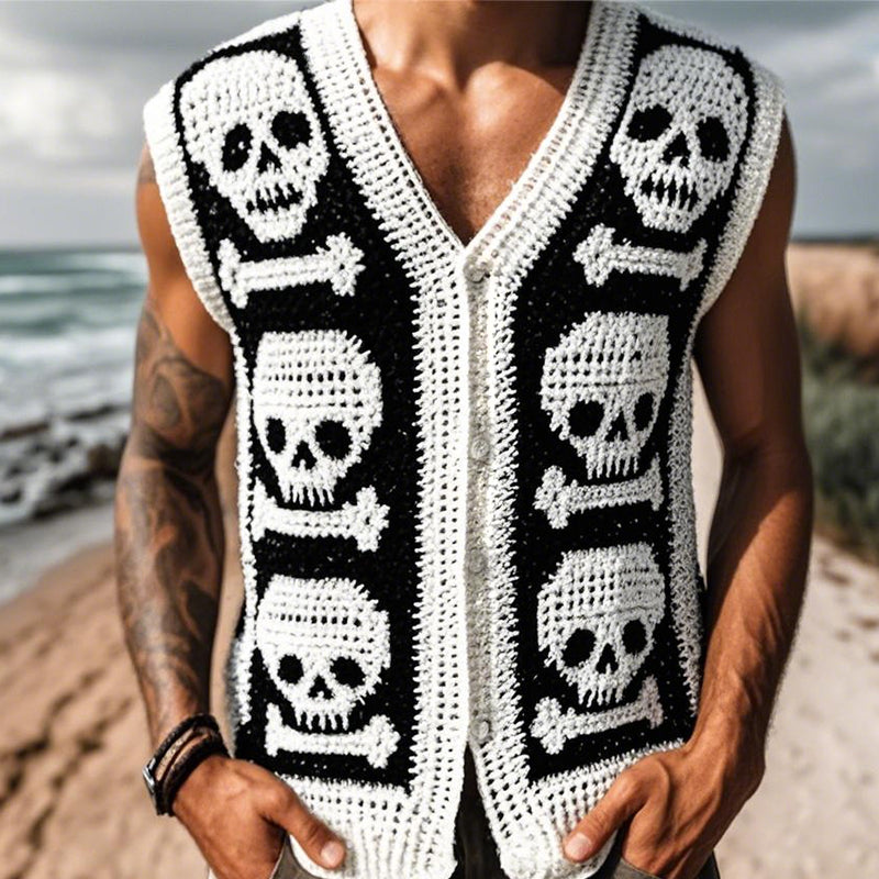 Men's Vintage Casual Skull Knit Single Breasted Vest  ASW1177D2TO
