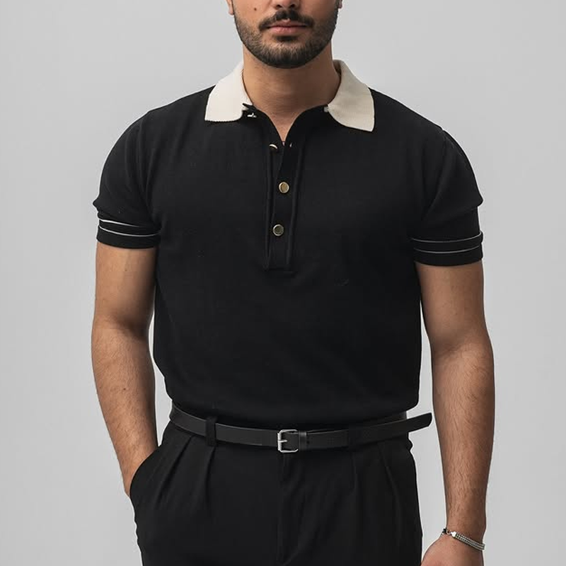Men's Fashion Colorblock Lapel Short Sleeve Polo Shirt 
