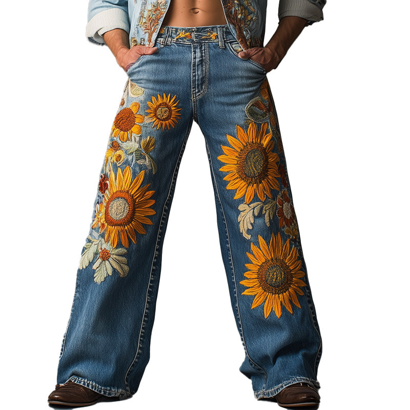 Men's Spring Fashion Vintage Embroidered Denim Casual Pants 