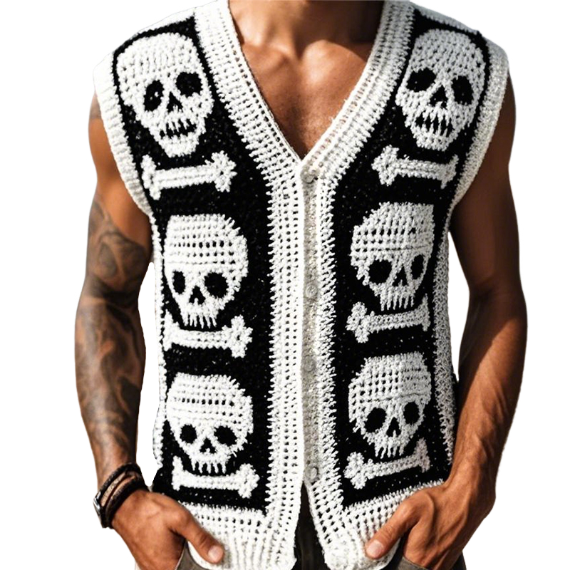 Men's Vintage Casual Skull Knit Single Breasted Vest  ASW1177D2TO