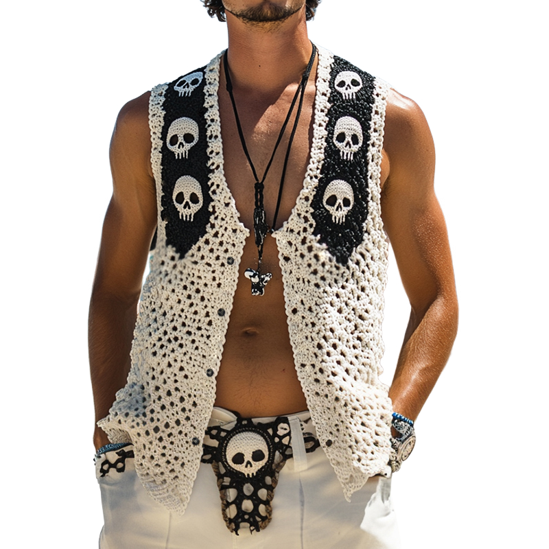 Men's Vintage Casual Skull Knit Single Breasted Vest ASW1140D0TO