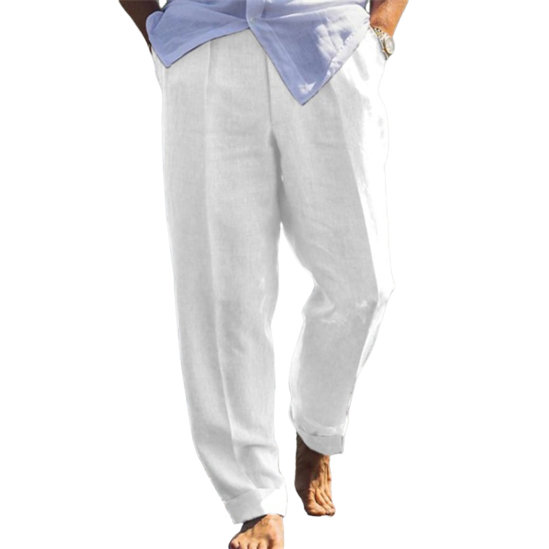 Men's Cotton and Linen Elastic Waist Solid Color Casual Pants