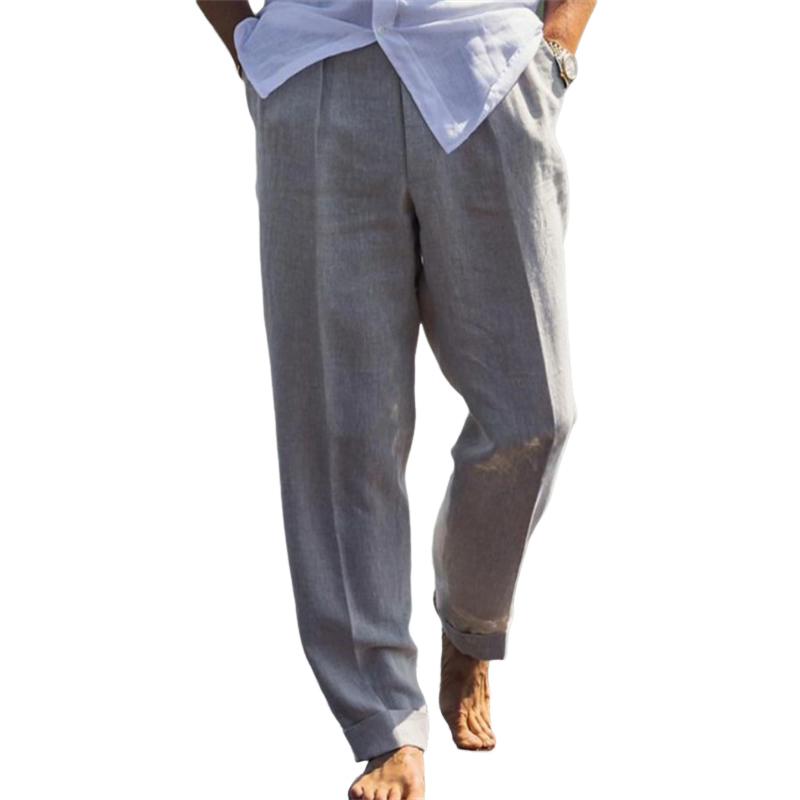 Men's Cotton and Linen Elastic Waist Solid Color Casual Pants
