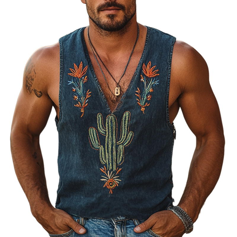 Men's Vintage Washed Cactus Embroidered V-Neck Tank Top 