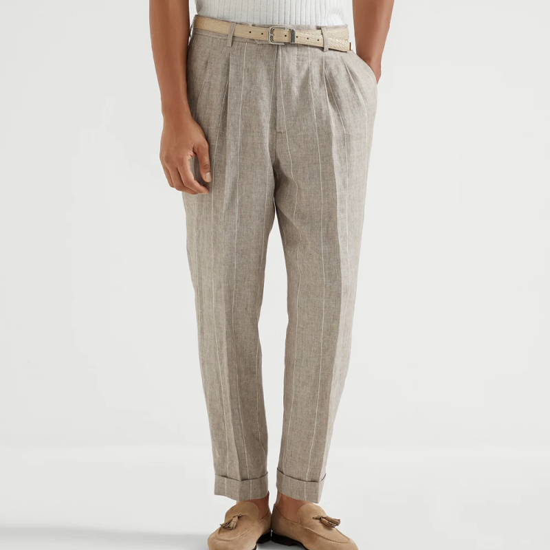 Men's Spring and Summer Fashion Classic Casual Suit Pants Cotton and Linen Striped Pants