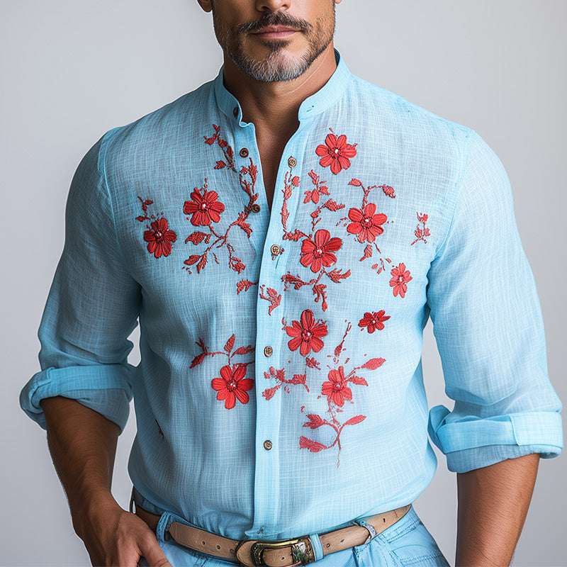 Men's Spring Fashion Contrast Embroidery Long Sleeve Casual Shirt MTA1253D8P