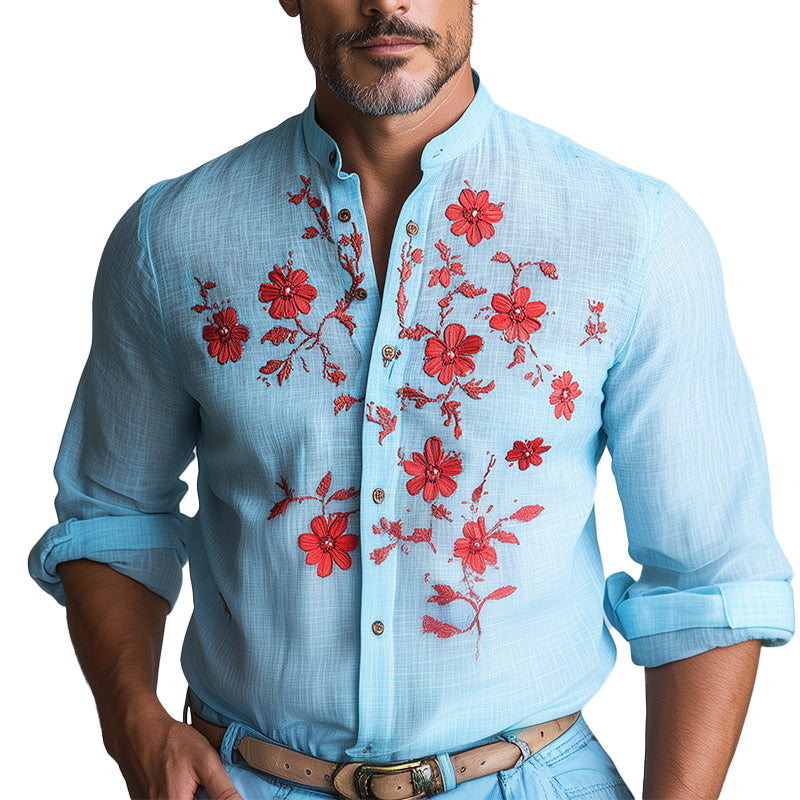 Men's Spring Fashion Contrast Embroidery Long Sleeve Casual Shirt MTA1253D8P