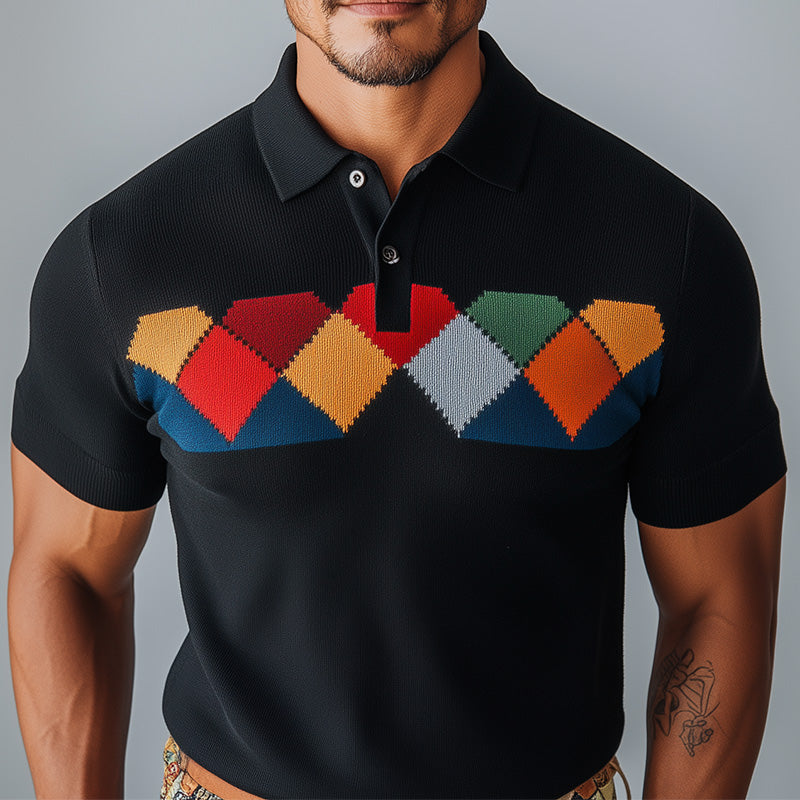 Men's Spring Fashion Diamond Woven Short Sleeve Sports Polo Shirt 