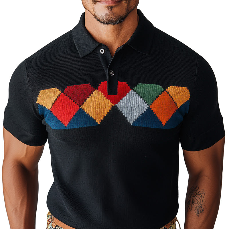Men's Spring Fashion Diamond Woven Short Sleeve Sports Polo Shirt 