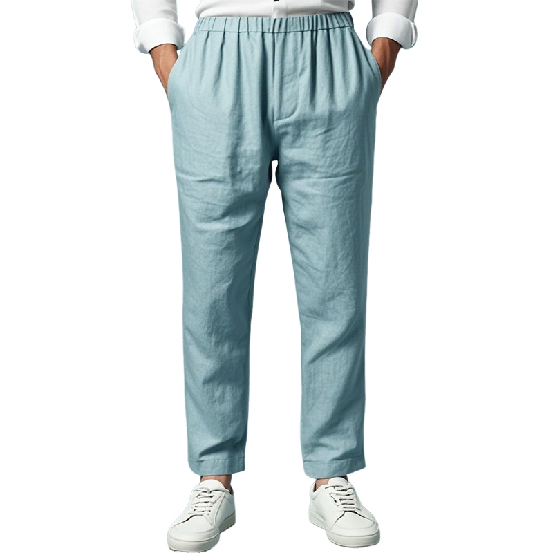 Men's Spring and Summer Fashion Classic Casual Elastic Waist Cotton and Linen Pants 