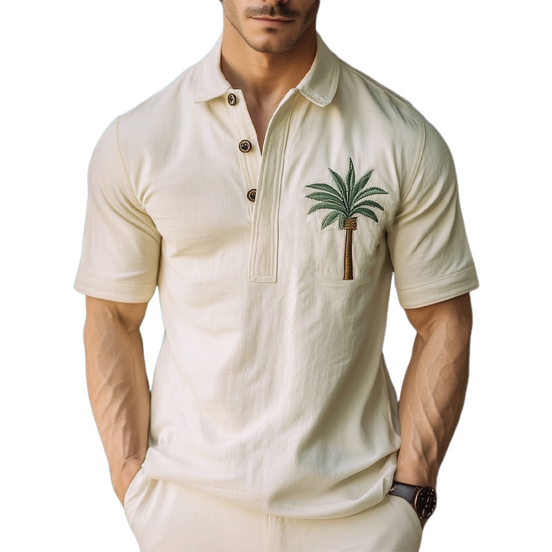 Men's Summer Coconut Tree Embroidery Polo Neck T-Shirt 