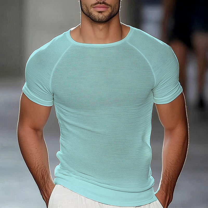 Men's Summer Basic Knitted Solid Color Short Sleeve T-Shirt ASW1297D0U