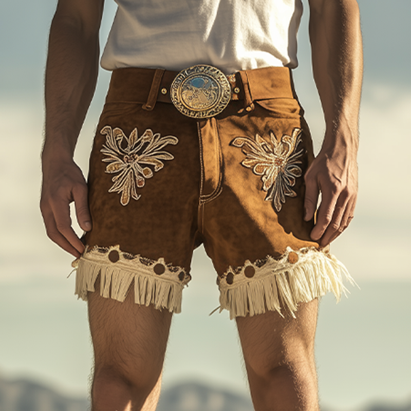 Men's Spring and Summer Fashion Retro Western Style Suede Embroidered Tassel Shorts (Without Belt) 