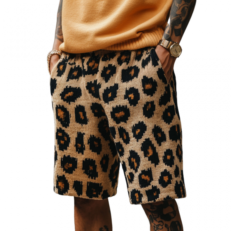 Men's Retro Casual Leopard Jacquard Knit Elastic Waist Shorts ASW1212D2M