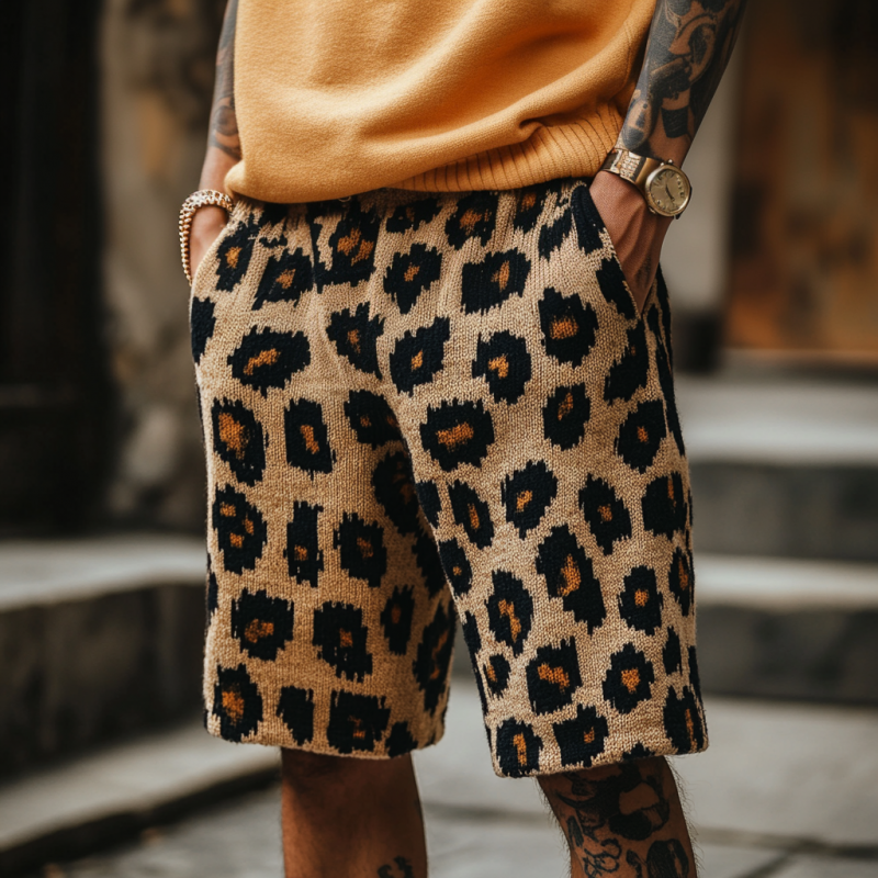 Men's Retro Casual Leopard Jacquard Knit Elastic Waist Shorts ASW1212D2M