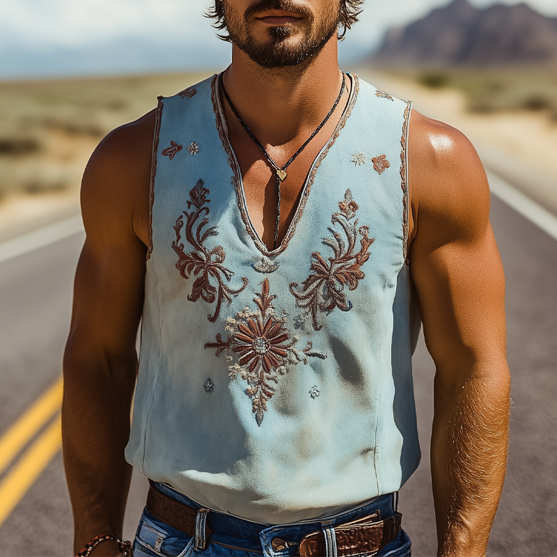 Men's Spring/Summer Classic Retro Western Style Deep V-Neck Suede Embroidered Tank Top 
